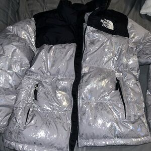 The North Face Kids Silver Puffer Jacket with Black Shoulders